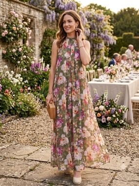Made In Italy Bellambra Olive Floral Sleeveless Maxi Dress